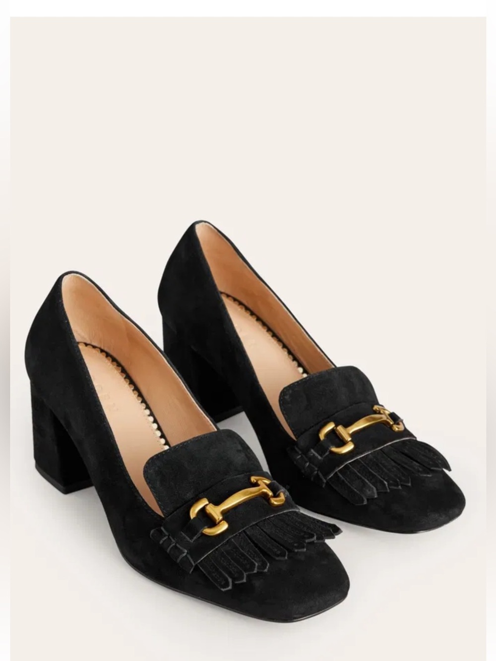 Boden Black Suede Fringe Block Heel Loafers with Gold Bit
